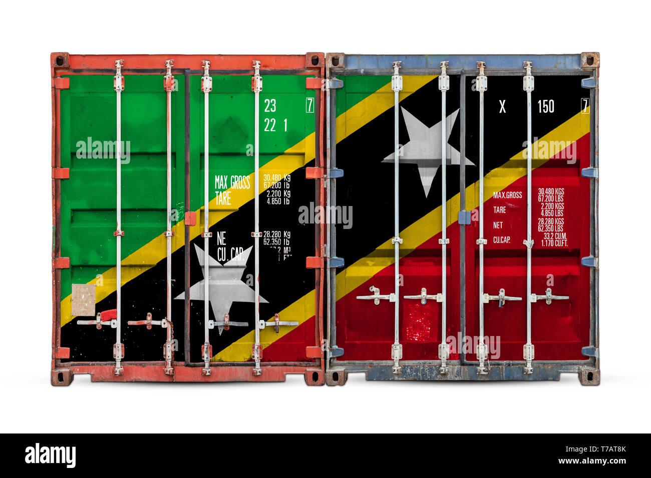 La notion de Saint Kitts et Nevis exportation-importation et la livraison de marchandises. Close-up du contenant avec le drapeau national de Saint-Kitts-un Banque D'Images