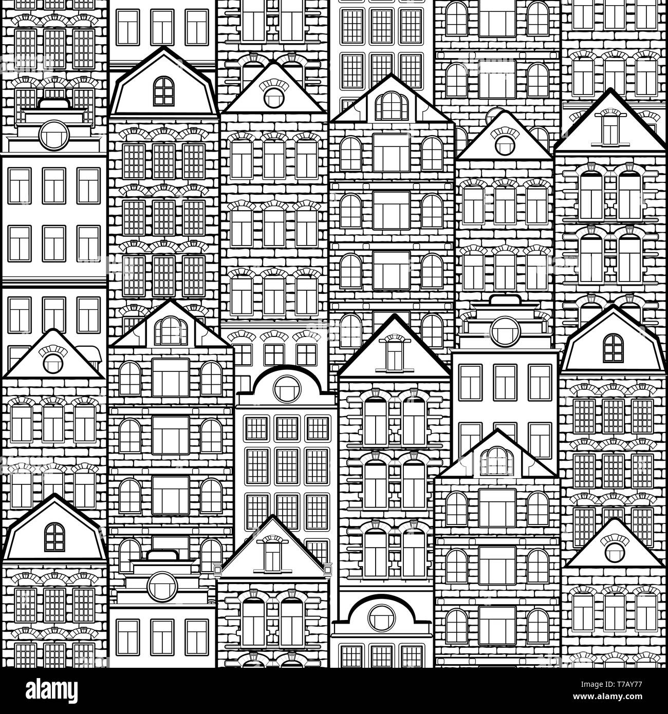 Modèle sans couture, maisons dessin en noir et blanc, silhouette ville historique, urbain paysage à colorier. Maison de brique européenne esquisse monochrome, archi Illustration de Vecteur