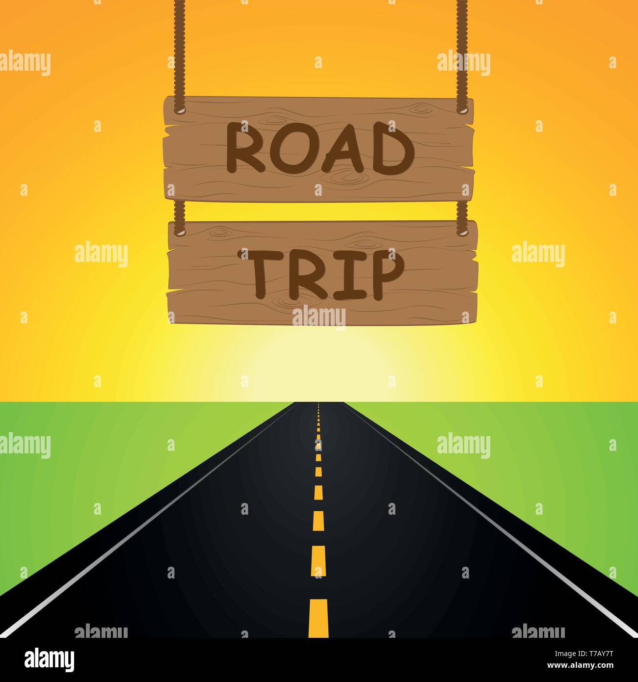 Road Trip hanging wooden sign et route vector illustration EPS10 Illustration de Vecteur