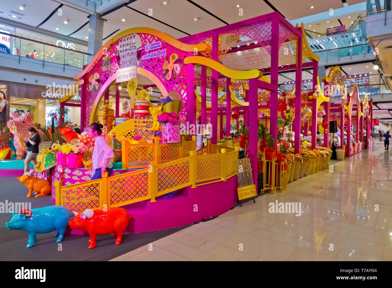 Le nouvel an chinois 2019 décorations, centre commercial CentralWorld, Pathum Wan district, Bangkok, Thaïlande Banque D'Images