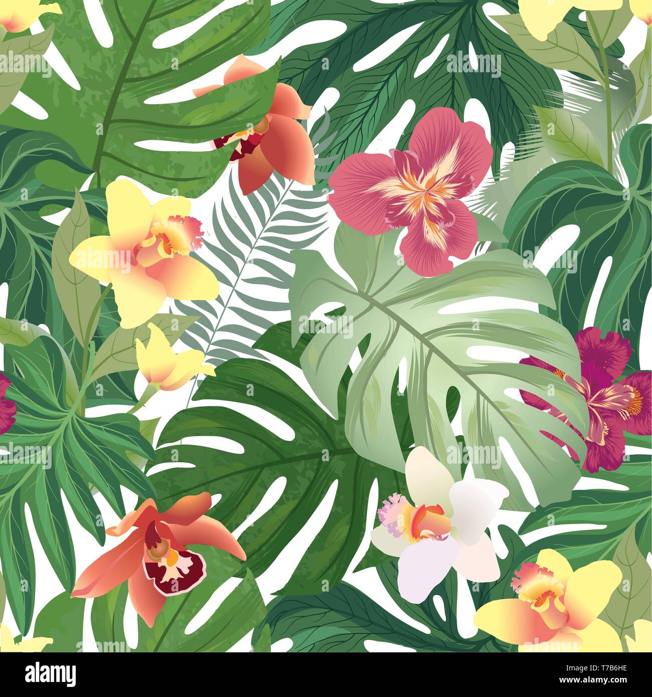 Transparente Floral pattern. Orchidée Fleur de jardin tropical avec des feuilles de palmier. Des vacances d'arrière-plan. Illustration de Vecteur