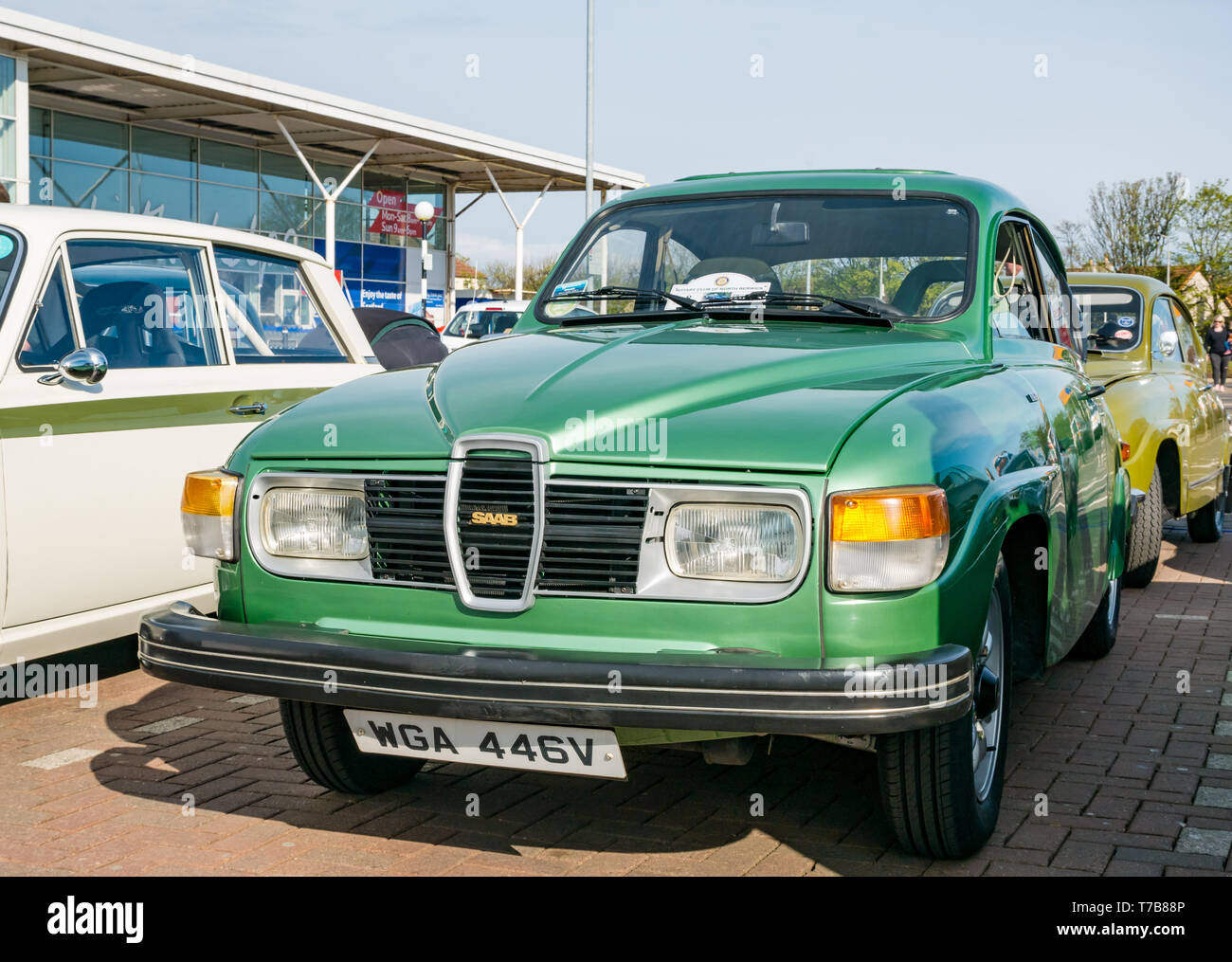 Classic vintage 1979 Saab 96 GL voiture au parking Tesco, North Berwick Rotary Club voiture classique d' 2019, East Lothian, Scotland, UK Banque D'Images