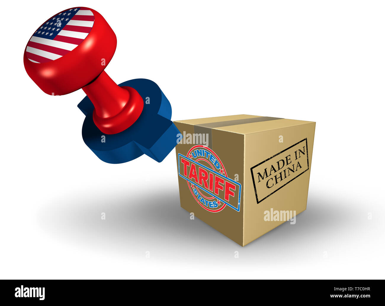United States Trade les tarifs douaniers et le commerce américain tarif en nous comme une estampille sur un produit fabriqué en Chine comme une taxe d'importation et d'exportation économique. Banque D'Images
