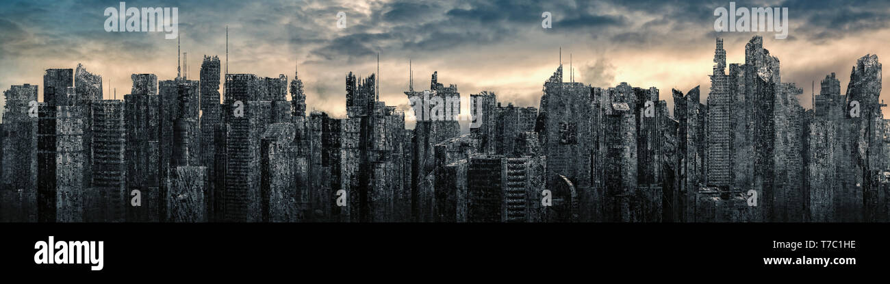 Panorama ville dystopie / 3D illustration de post-apocalyptique futuriste ville ruines sous ciel clair Banque D'Images