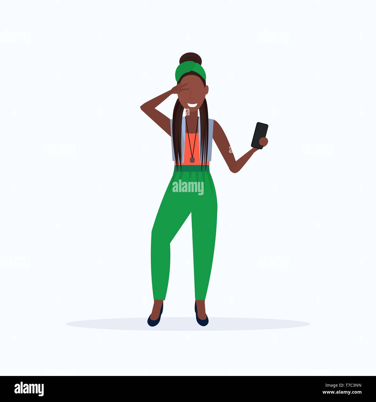 Femme en tenant l'appareil photo de votre smartphone sur photo selfies african american female personnage posant sur fond blanc télévision pleine longueur Illustration de Vecteur