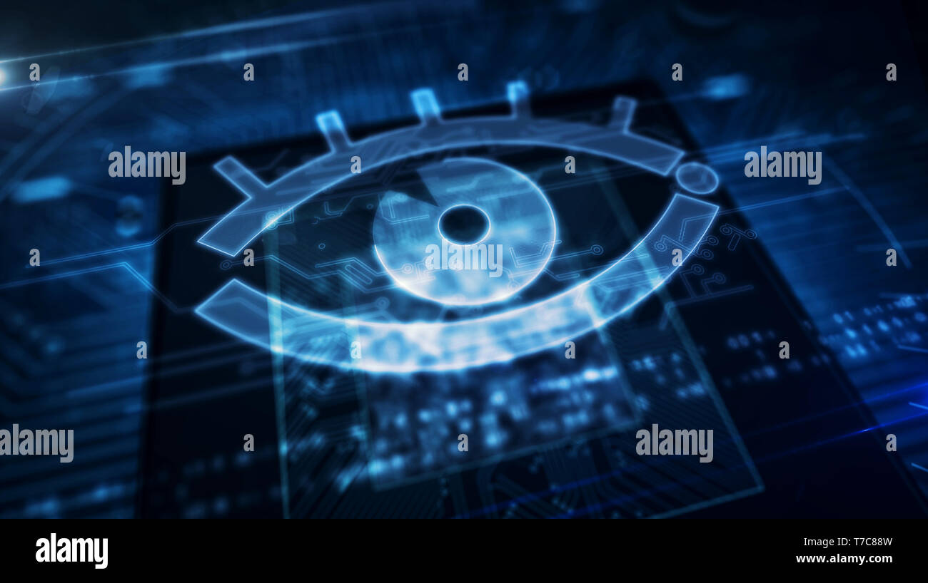 Surveillance cybernétique avec spy eye concept cpu plus d'hologramme en arrière-plan. Concept de la vie privée numérique, suivi de l'espionnage, l'intelligence artificielle et spyw Banque D'Images