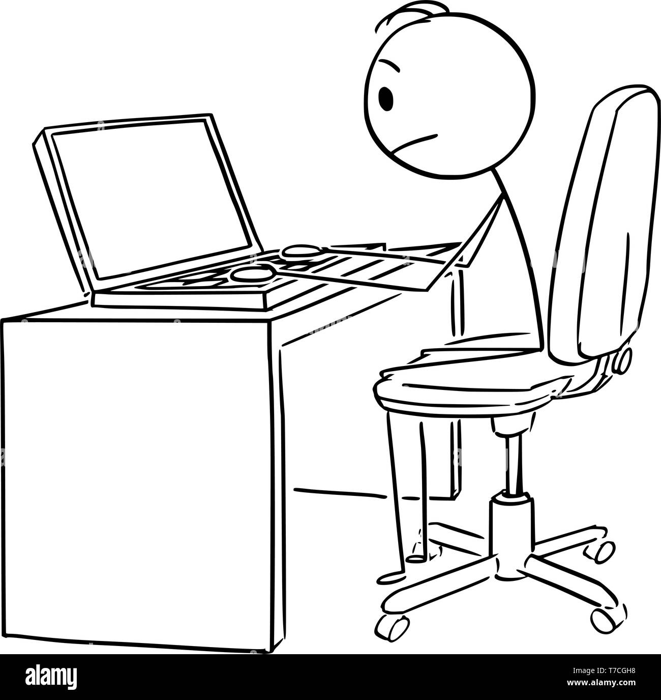 Vector cartoon stick figure dessin illustration conceptuelle de l'homme ou homme d'affaires ou de travail de la saisie sur ordinateur portable ou ordinateur portable. Illustration de Vecteur