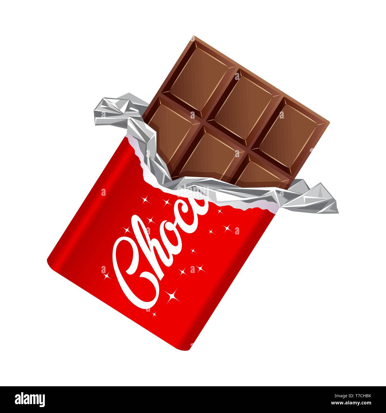 Barre de chocolat a ouvert en aluminium enveloppé et rouge Illustration de Vecteur