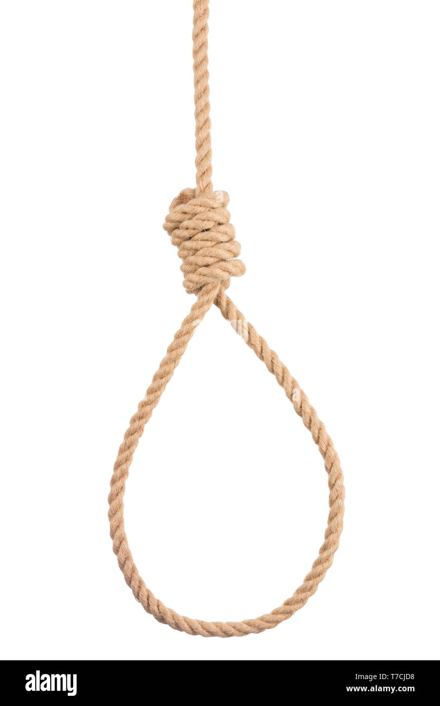 Corde corde avec un noeud du pendu isolé sur fond blanc Banque D'Images