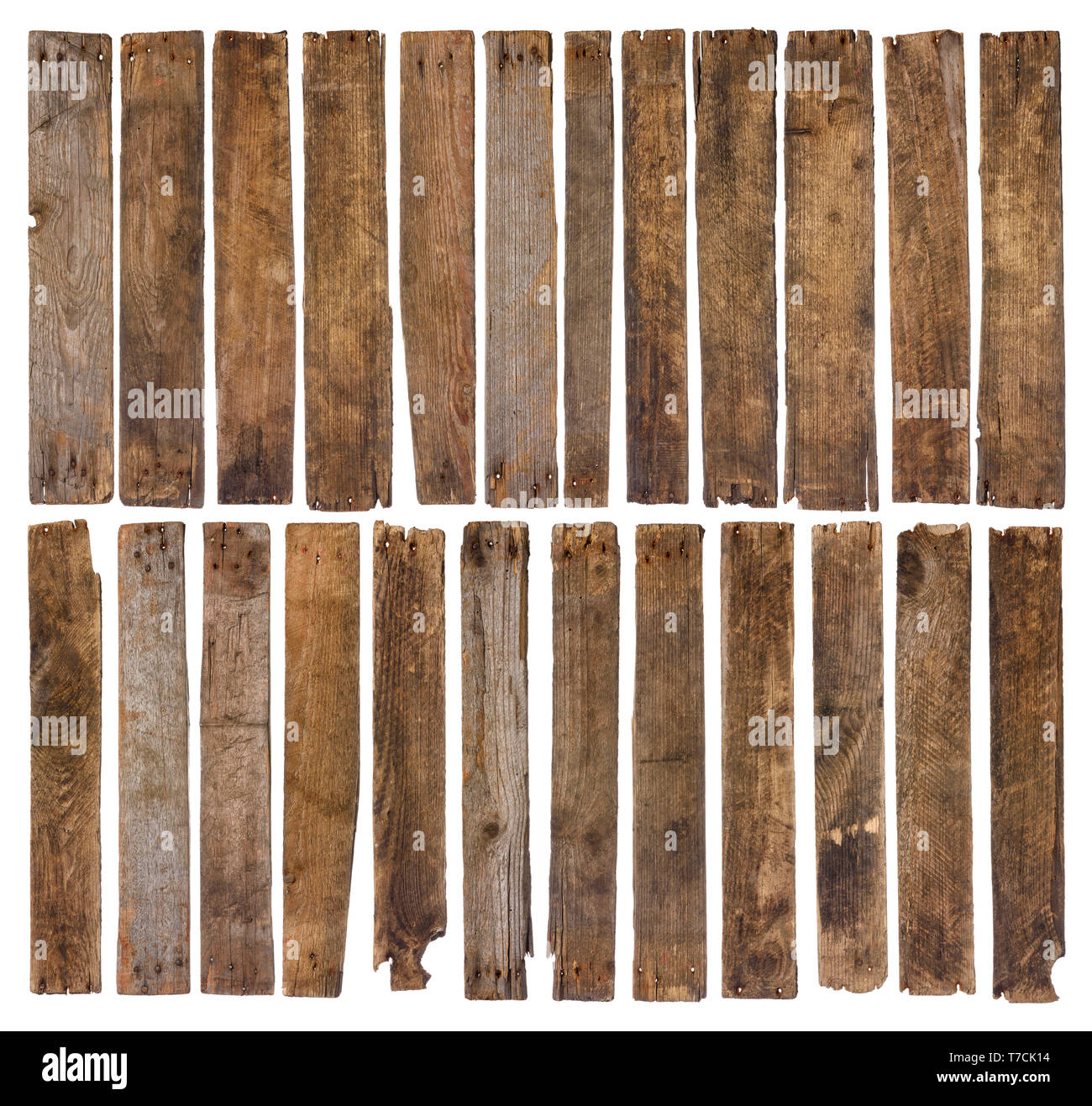 Old Wooden planks isolé sur fond blanc. Jeu de 24 court unique planche en bois patiné rustique, forte et très détaillée pour la conception. Banque D'Images