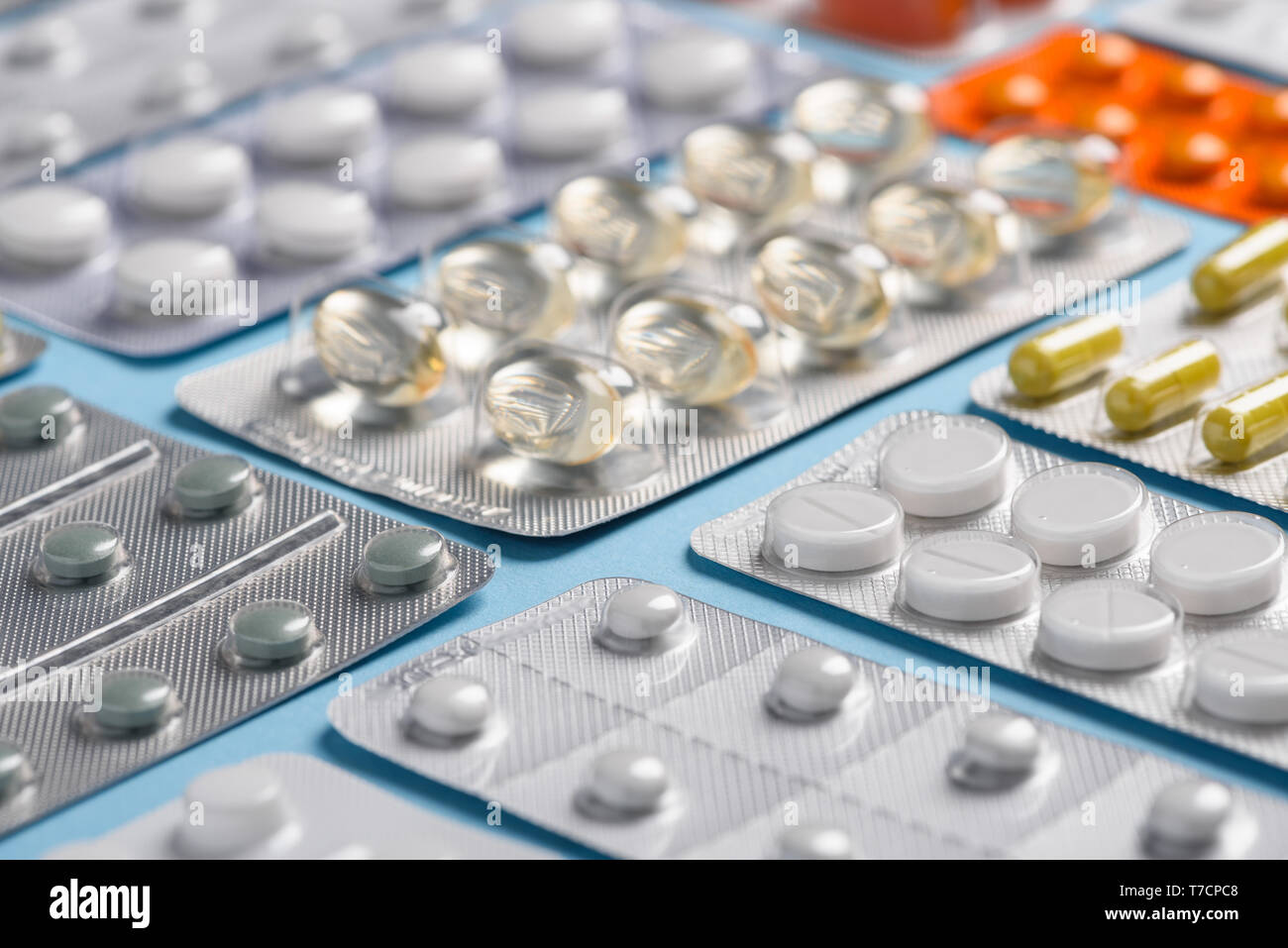 Medicine pharmacy pills et les drogues dans des blisters macro Banque D'Images