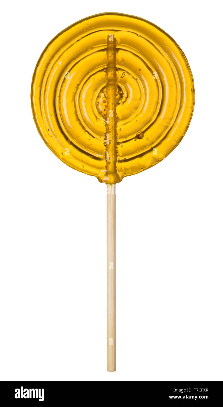 Big Yellow lollipop candy transparent isolé sur fond blanc Banque D'Images