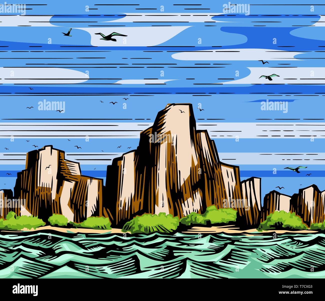 Les falaises de la mer et des mouettes, paysage Illustration de Vecteur