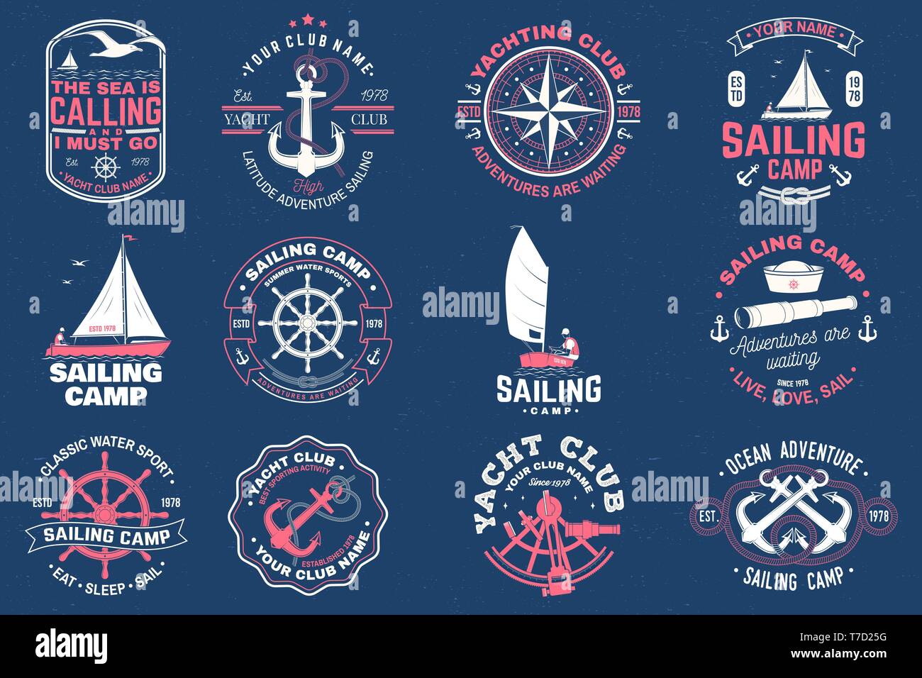 Badge camp de voile. Vector illustration. Concept pour chemise, imprimer, stamp ou tee. Typographie vintage avec l'homme dans la conception de voiliers silhouette. La voile sur petit bateau. L'aventure de l'océan. L'eau classique sport Illustration de Vecteur