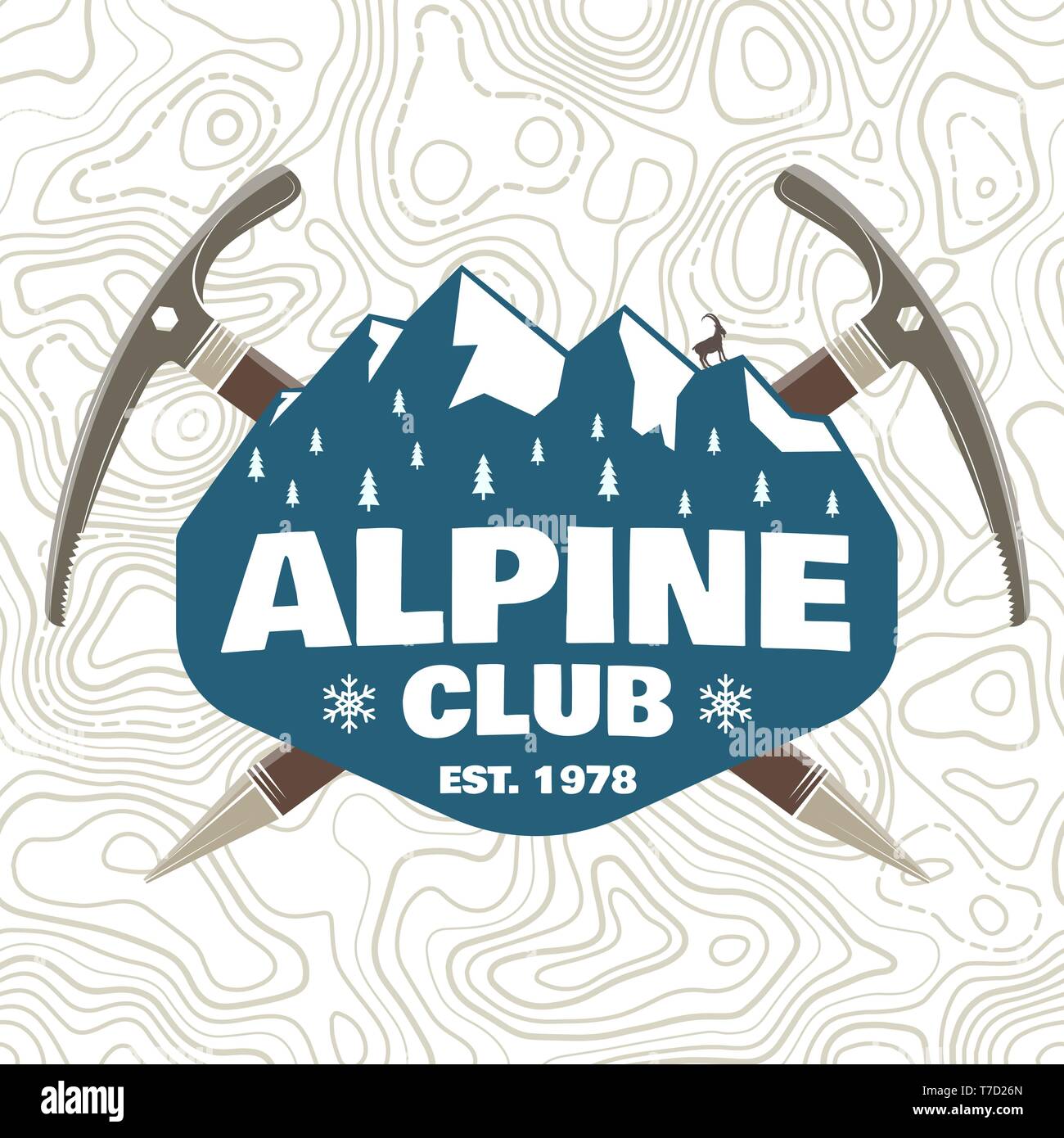 Club alpin patch. Vector illustration. Concept pour chemise ou d'un insigne, d'impression, de timbres ou de pièce en t. Typographie vintage design avec piolet, l'Escalade et montagne chèvre silhouette. Emblème de l'aventure de plein air. Illustration de Vecteur