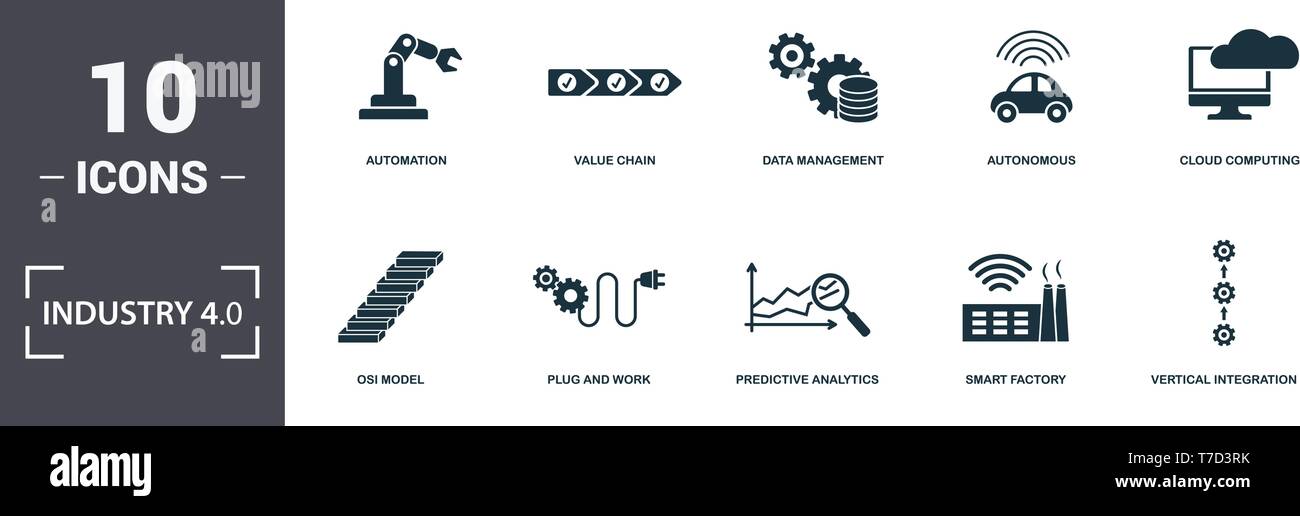 4.0 L'industrie icons set collection. Comprend des éléments simples tels que l'automatisation, de la chaîne de valeur, gestion de données, autonomes, Cloud Computing, bouchon et Wo Illustration de Vecteur