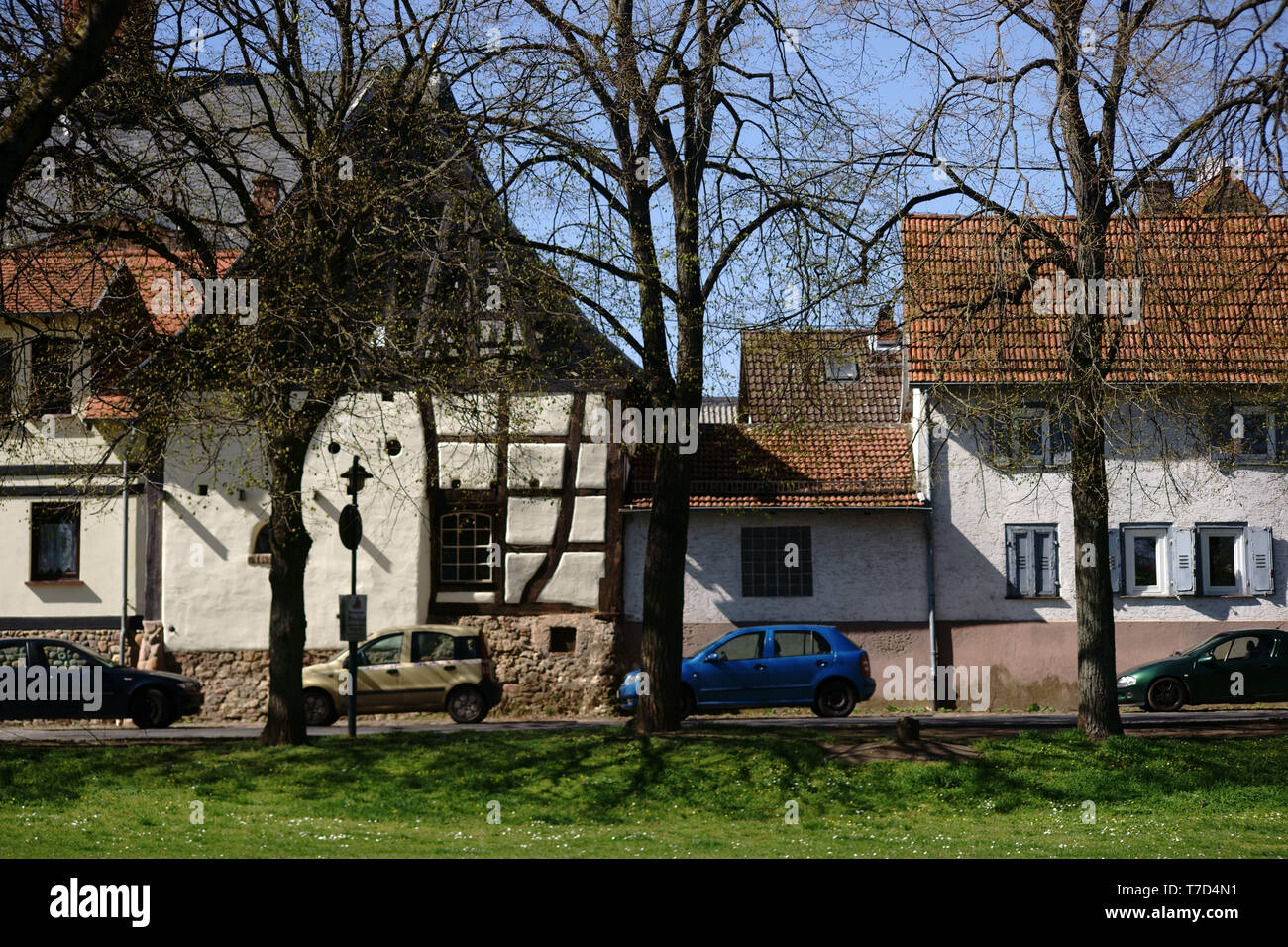Maisons à colombages, des voitures en stationnement et d'arbres le long d'une rue du village de Eddersheim. Banque D'Images