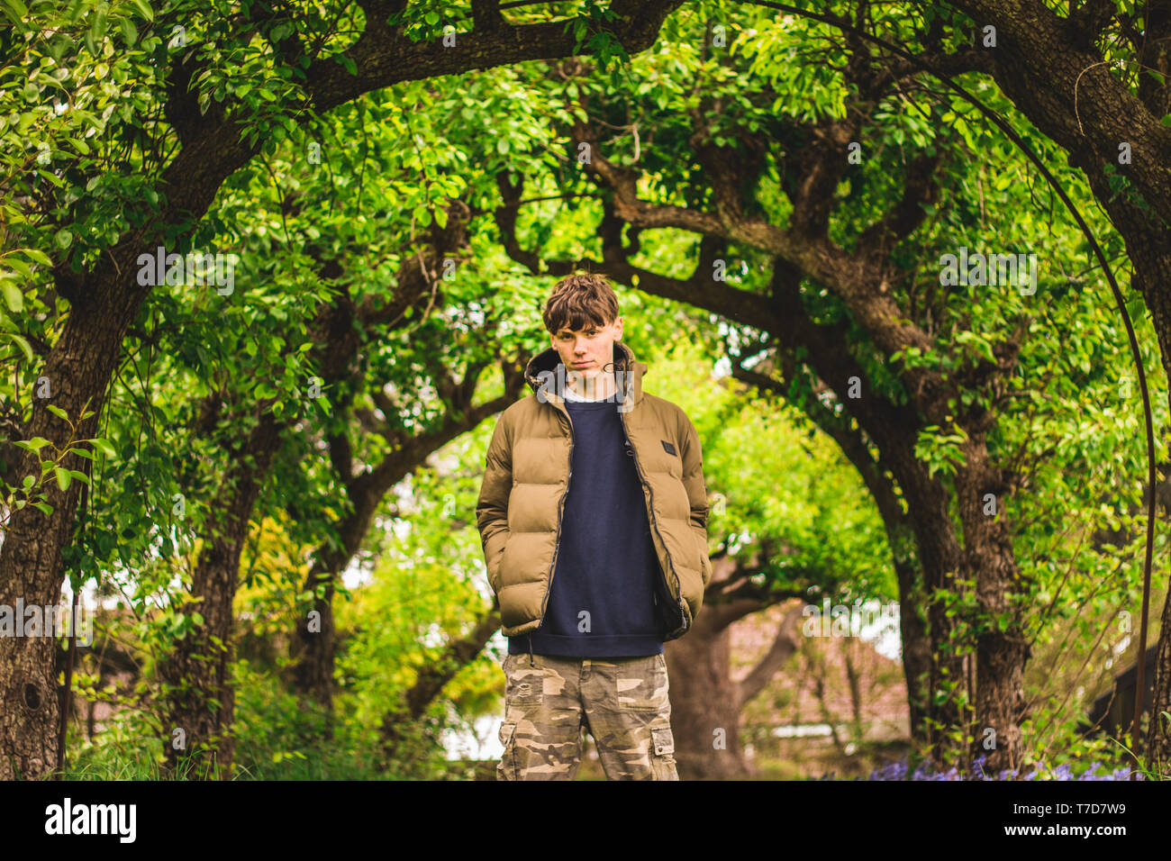 En vertu de l'article modèle archway créé par arbres portant des pantalons camo Banque D'Images