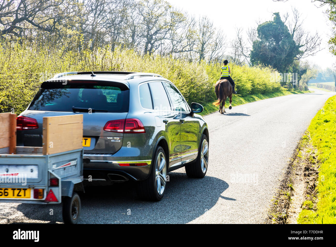 Le cheval et le cavalier sur route, à cheval horse sur route, ralentissez pour les chevaux, l'équitation sur la route, l'équitation, route, routes, cavalier, équitation, chevaux, rural, UK Banque D'Images