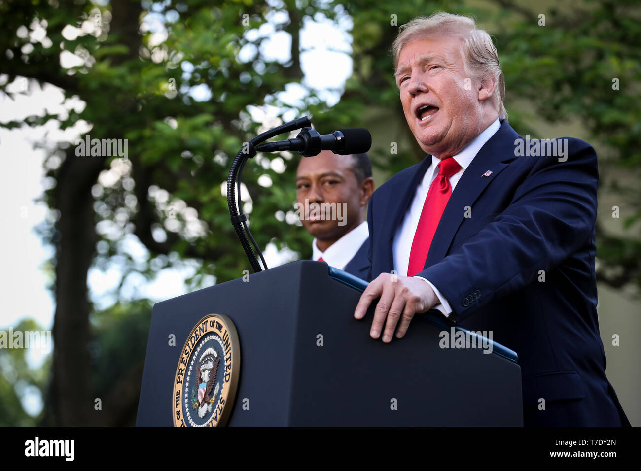 Le Président des Etats-Unis, Donald J. Trump prononce une allocution lors d'une cérémonie dans la roseraie de la Maison Blanche pour présenter la Médaille présidentielle de la liberté à Tiger Woods, le 6 mai 2019 à Washington, DC. Credit : Oliver Contreras/piscine par CNP /MediaPunch Banque D'Images