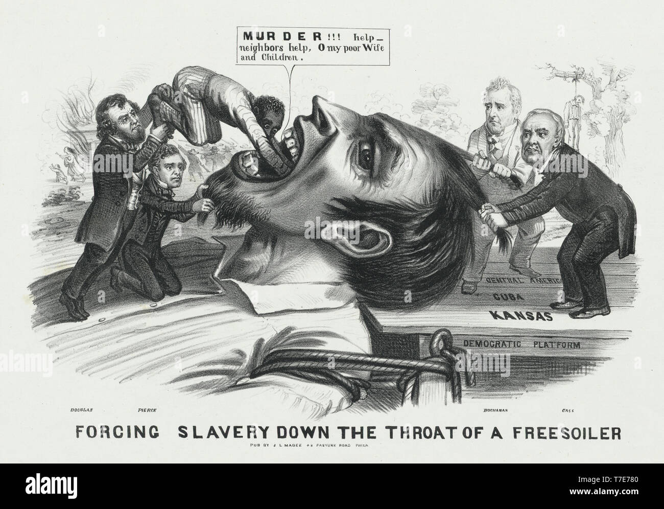 'Forcer l'esclavage dans la gorge d'un Freesoiler', Caricature politique, J.L. Magee, Philadelphia, Pennsylvania, 1856 Banque D'Images