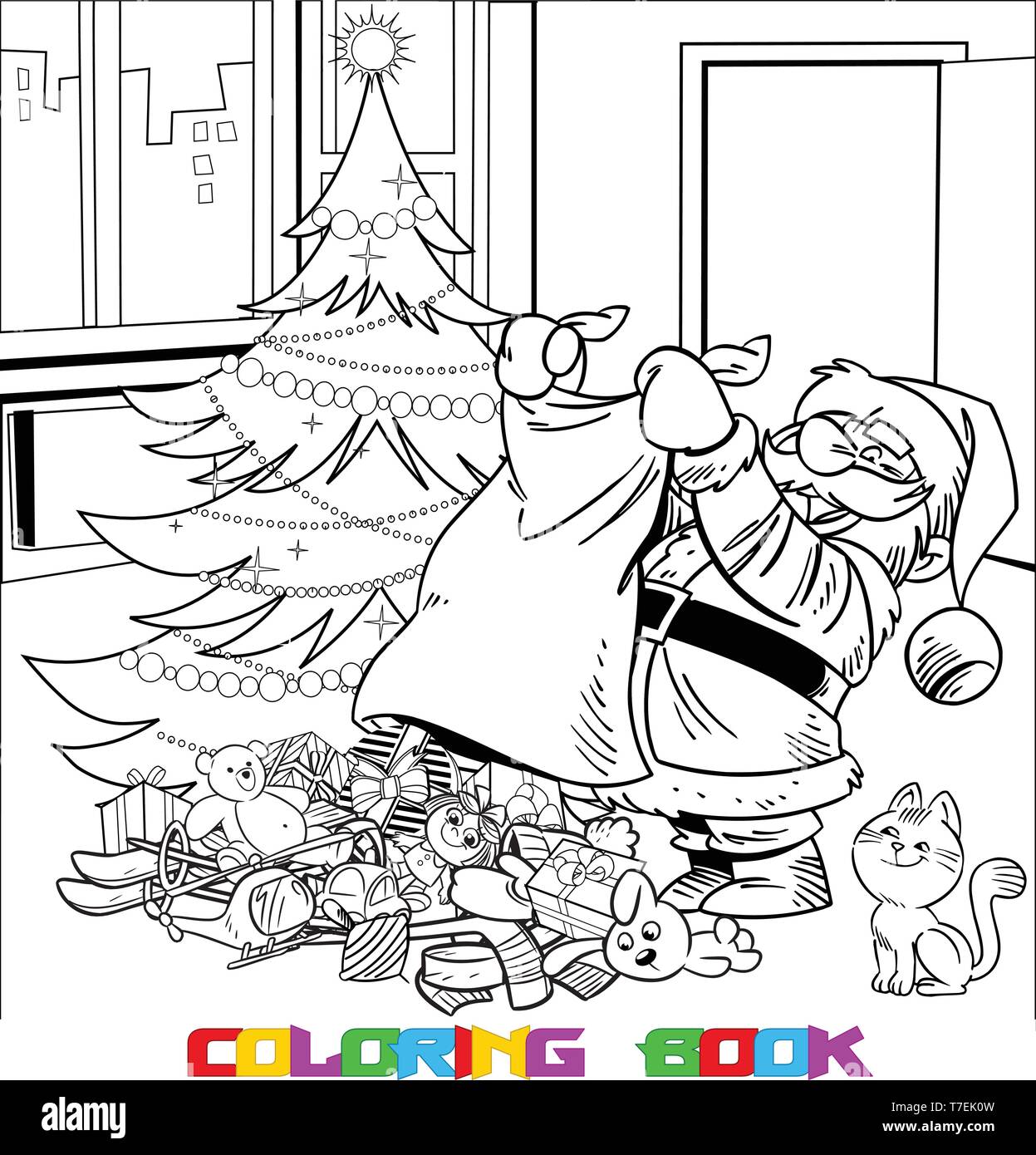 L'illustration présente le Père Noël, qui a porté le sac de cadeaux sous l'arbre de Noël. Un contour noir est fait pour un livre de coloriage. Illustration de Vecteur