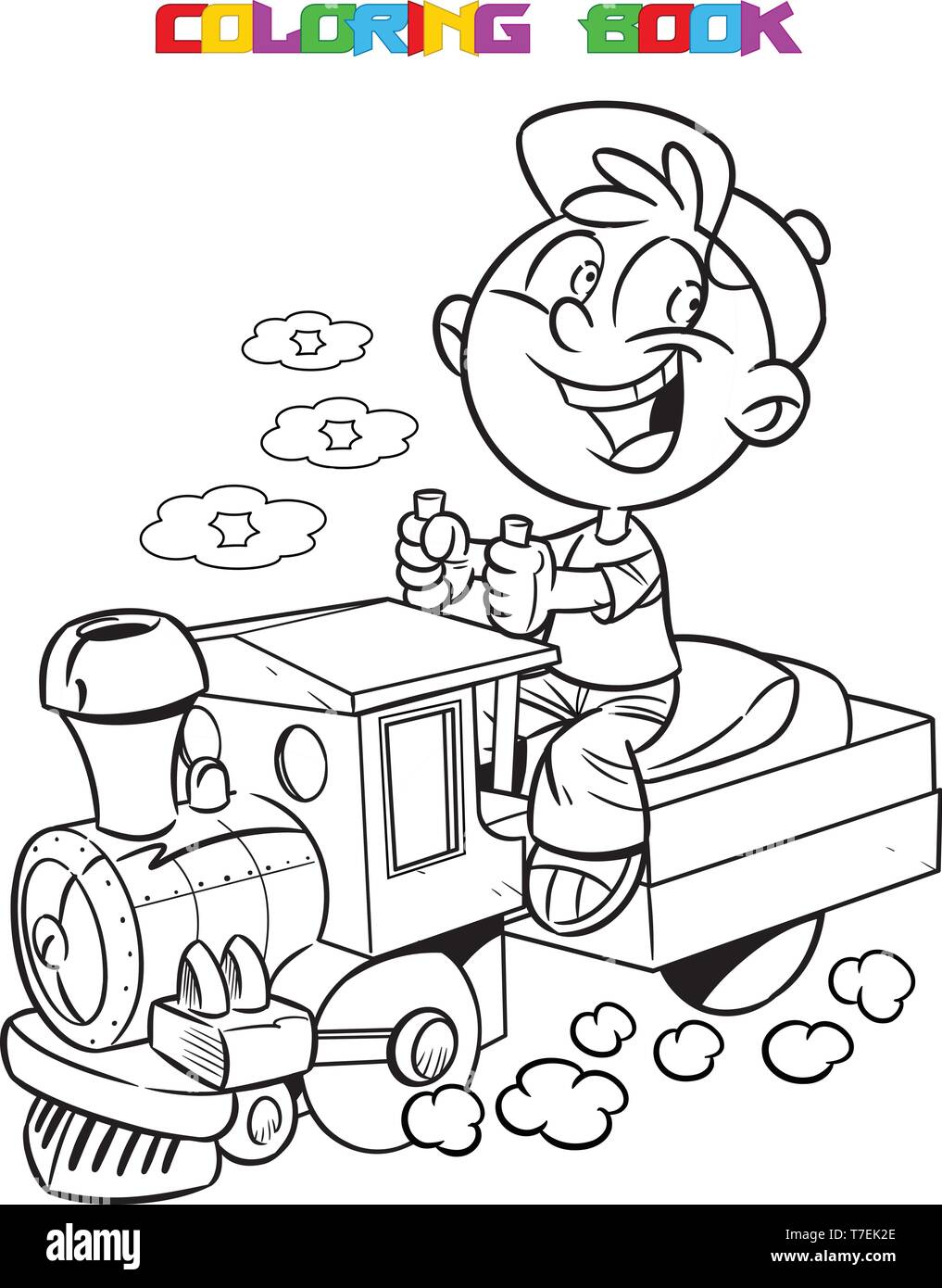 L'illustration montre un garçon qui joue durs un jouet locomotive. Un contour noir est fait pour un livre de coloriage. Illustration de Vecteur