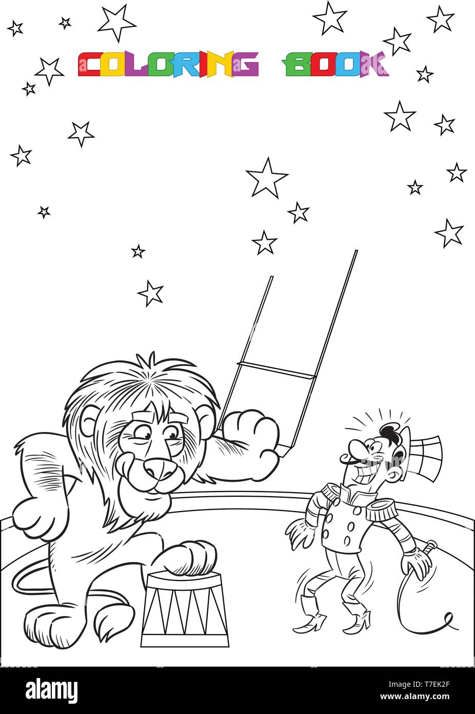L'illustration montre le lion tamer et l'exécution de l'astuce dans le cirque arena. Un contour noir est fait pour un livre de coloriage. Illustration de Vecteur