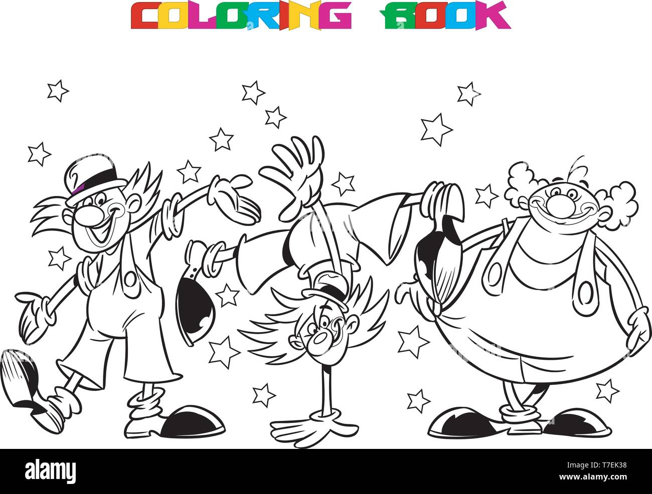 Trois clowns drôles en prestation au cirque. Un contour noir est fait pour un livre de coloriage. En fait l'illustration cartoon style, sur des calques distincts Illustration de Vecteur