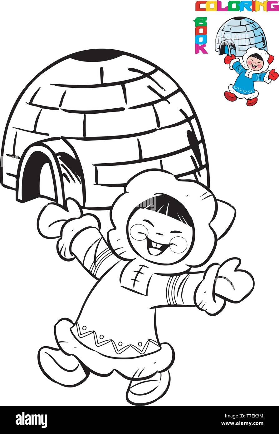 L'illustration présente cartoon eskimo en costume traditionnel sur le fond de l'igloo. Illustration réalisée en contour noir pour Coloring Book Illustration de Vecteur