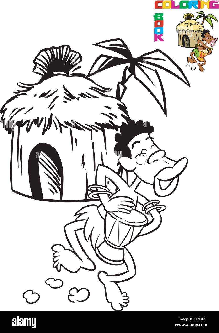 L'illustration montre un fond d'autochtones danse des huttes. Illustration réalisée en contour noir pour livre à colorier, sur des calques distincts. Illustration de Vecteur