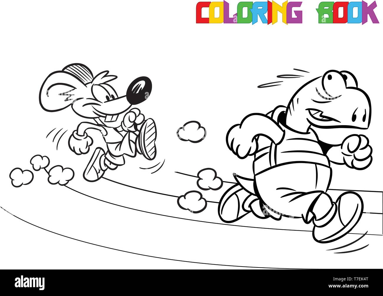 L'illustration montre la souris et la tortue, qui traite l'exécution de sports. Un contour noir est fait pour un livre de coloriage. Illustration de Vecteur