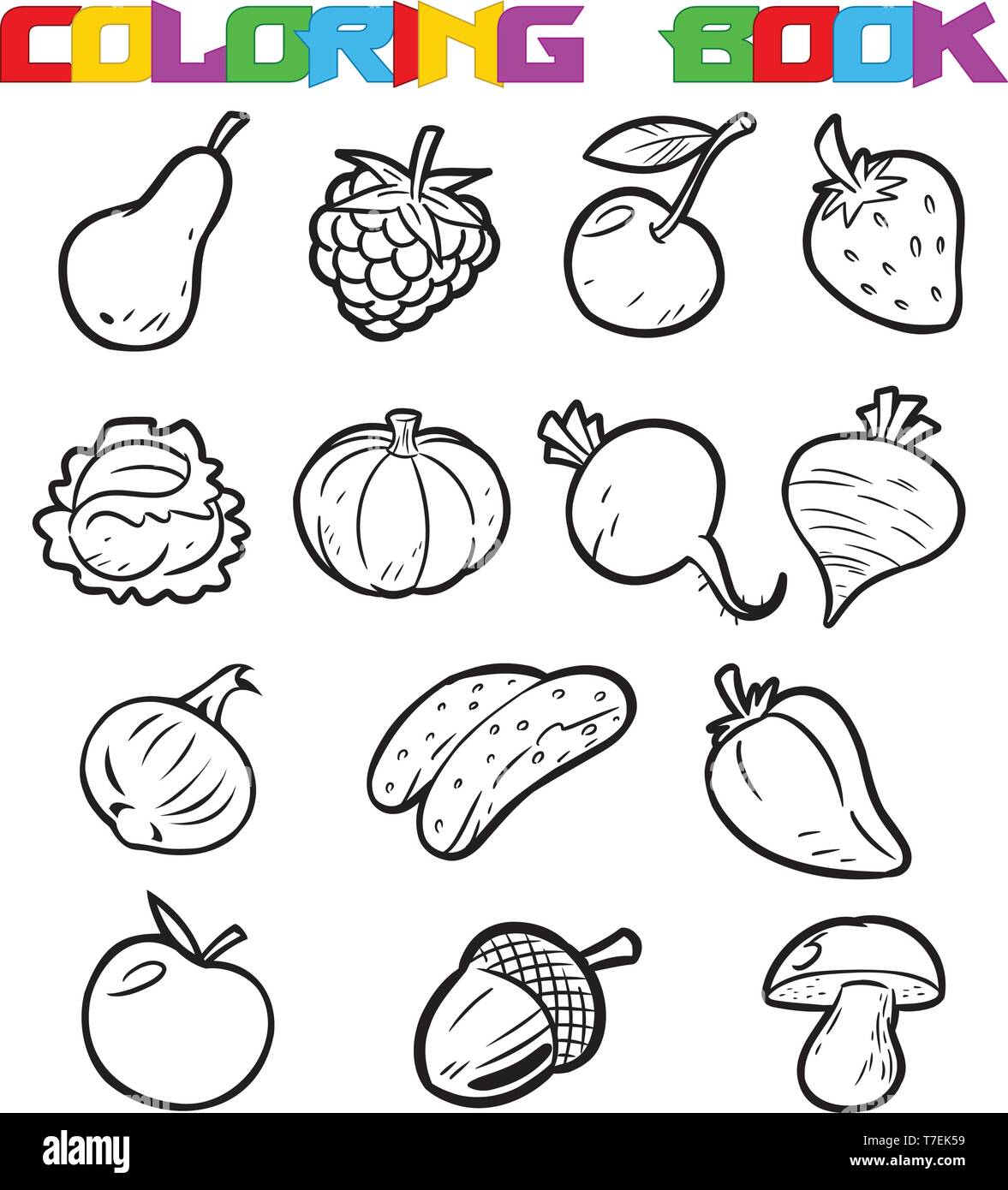 Ensemble de fruits et légumes frais isolé sur fond blanc. Faites un contour noir pour un livre de coloriage. Illustration de Vecteur