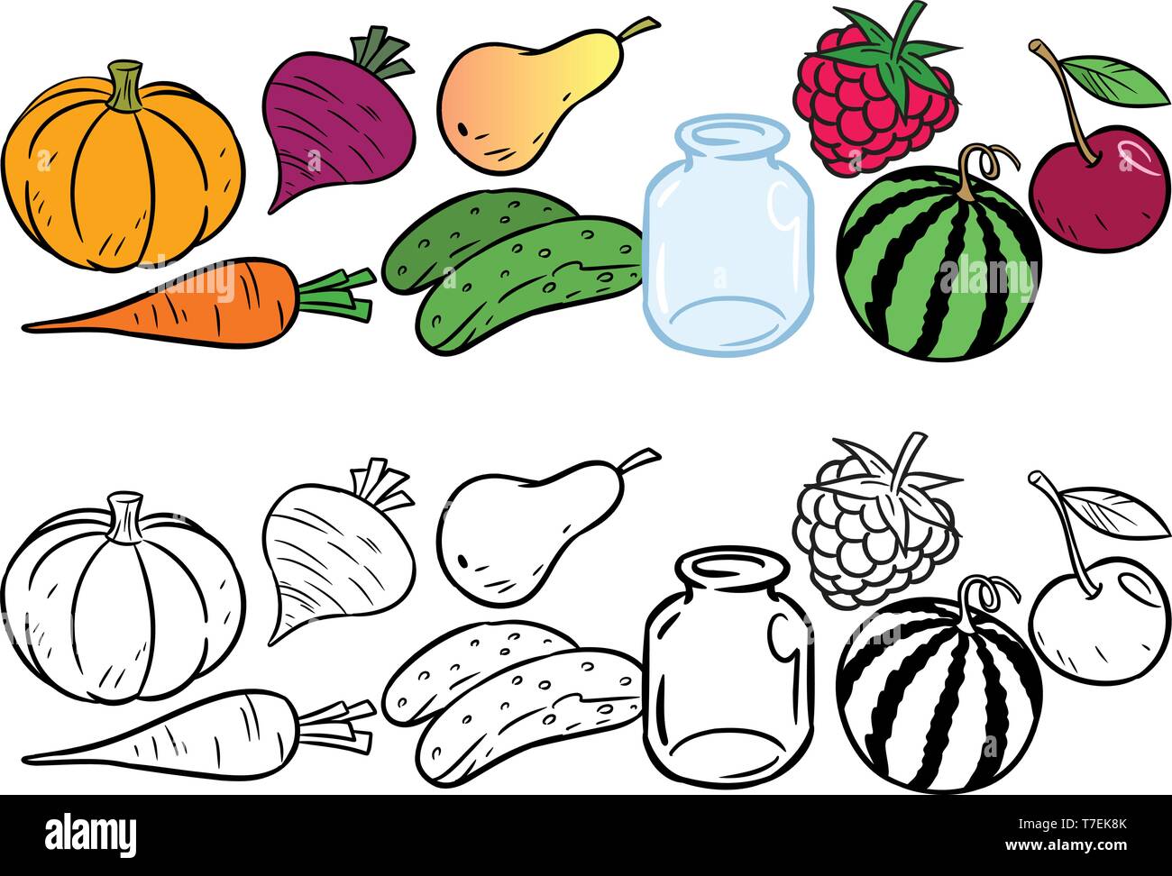 L'illustration montre un ensemble de différents types de légumes et fruits. Un contour noir est fait pour un livre de coloriage. Illustration de Vecteur