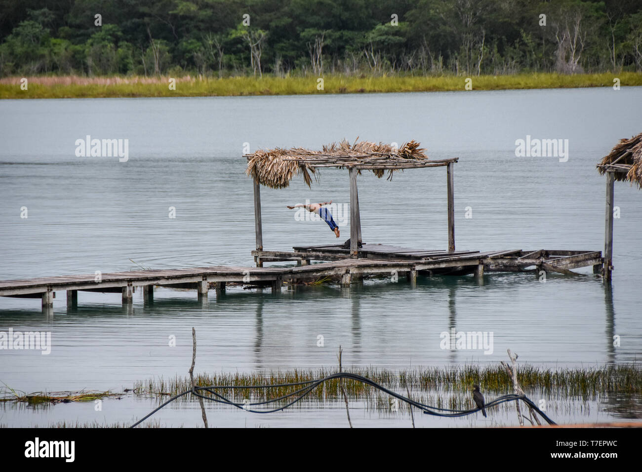 Jeune homme sauter dans le lac avec un en-tête Banque D'Images