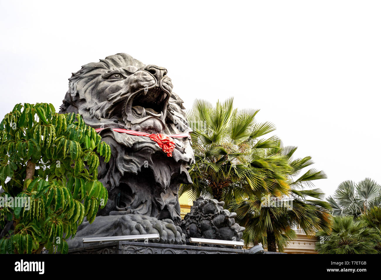Close up big black lion statue avec écharpe rouge assis face du bâtiment.,  Laos Photo Stock - Alamy