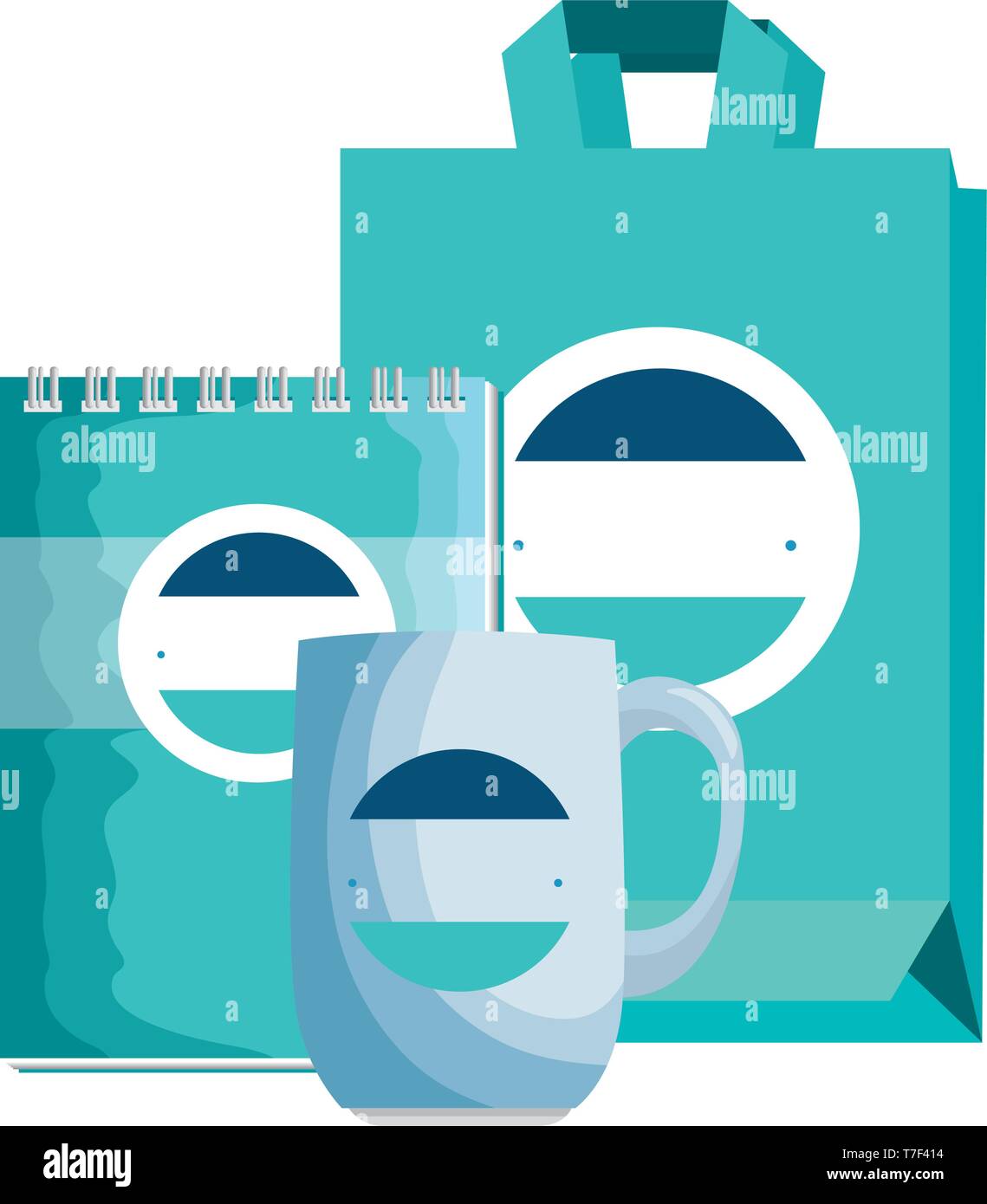 Tasse et panier et le bloc-notes avec l'emblème de l'entreprise Illustration de Vecteur