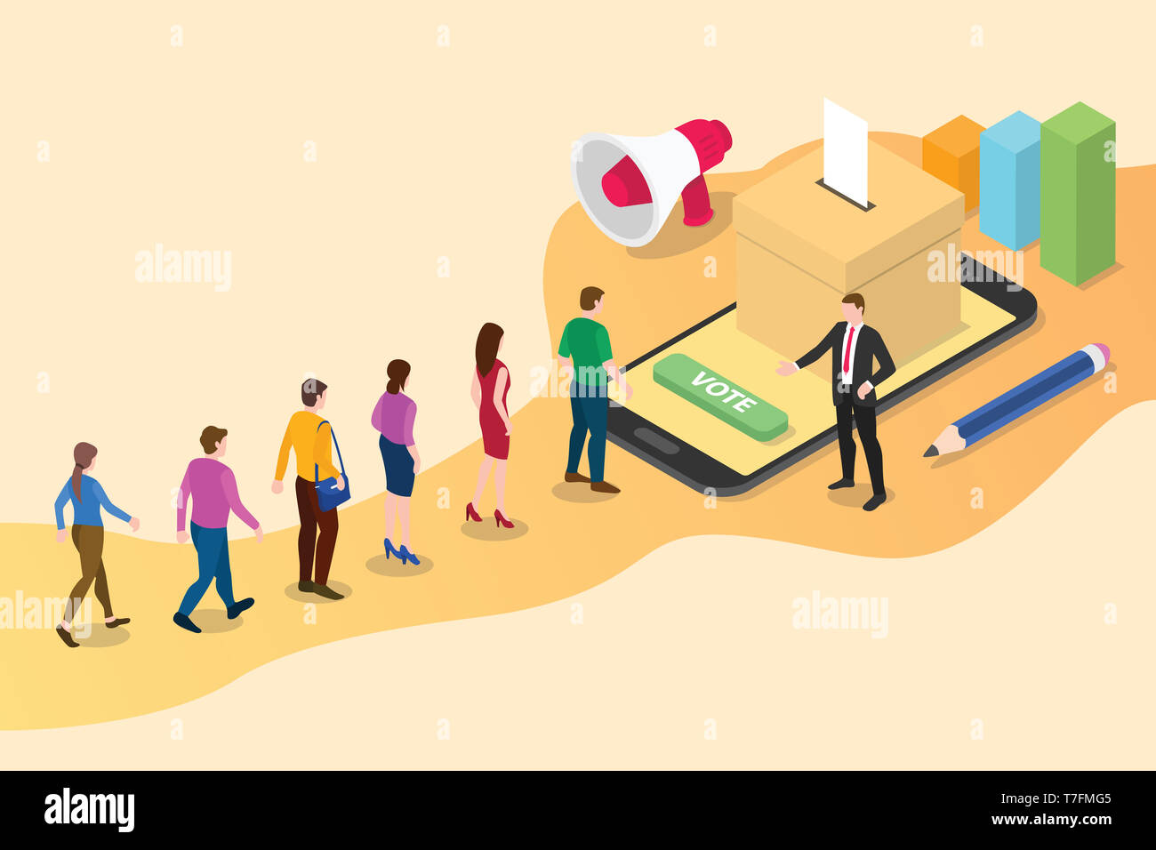 3D isométrique vote en ligne concept avec les gens d'attente en ligne avec vote smartphone et fort voix - vector illustration Banque D'Images