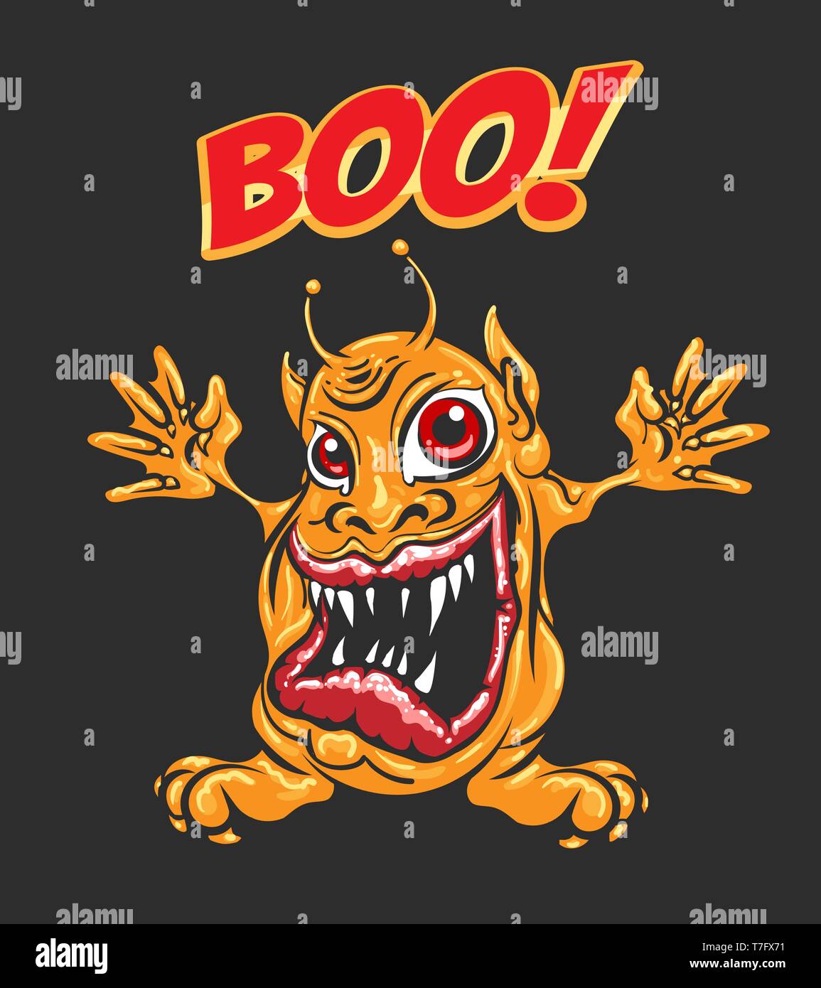 Cartoon Monster jaune avec grande bouche ouverte et le libellé Boo. Vector illustration. Illustration de Vecteur