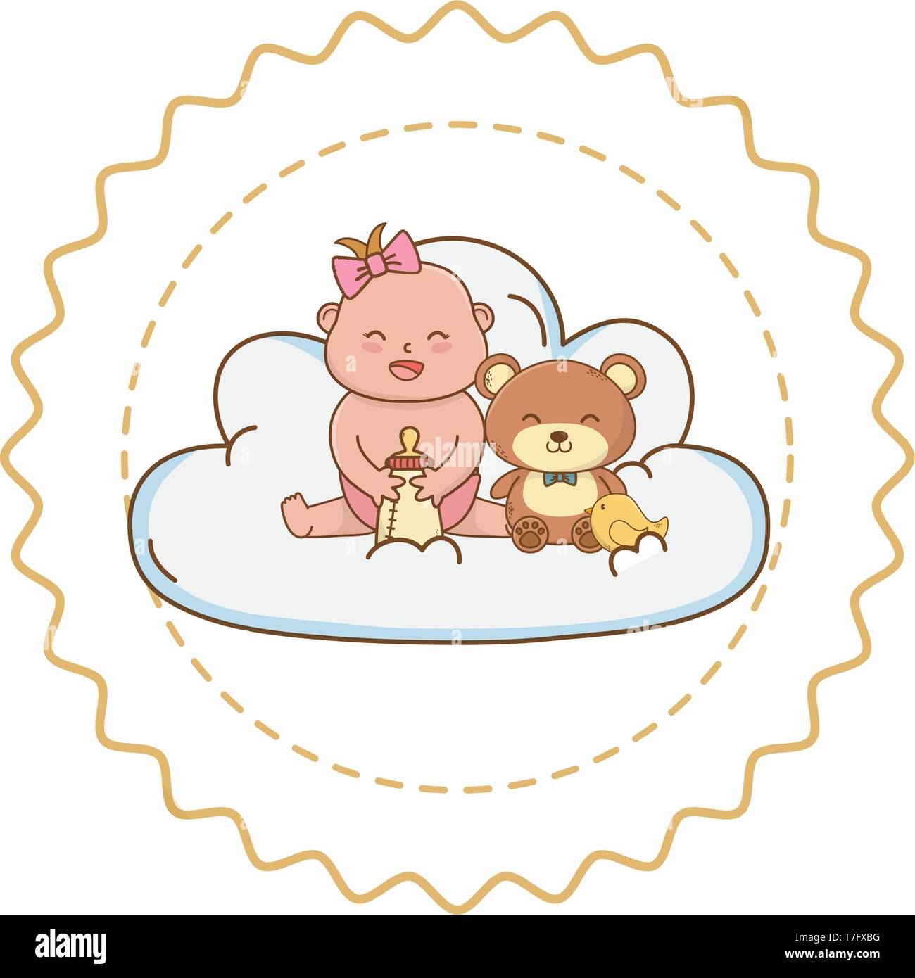 Douche de bébé fille bébé holding bouteille avec teddy sur le nuage de  caricatures dans l'étiquette ronde stamp vector illustration graphic design  Image Vectorielle Stock - Alamy
