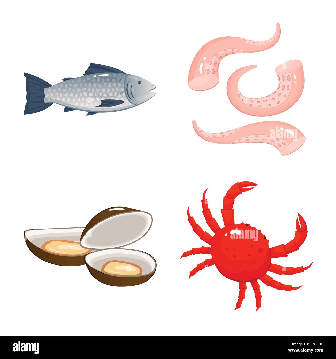 Octopus,saumon,moules,poisson,crabe calmar,gelée,shell,fontaine,,tentacle,délicatesse,rouge,monster,crustacés,coquillages,plage,créature,phosphore,cuisine,huître géante,viande,eau,décapage,tentacules,écrevisses,mer,fruits de mer,sain,océan,DE,frais,restaurant,marine,marché,set,icône,,illustration,collection,isolé,design,graphisme,élément signe,caricature,couleur,vecteurs vecteur , Illustration de Vecteur