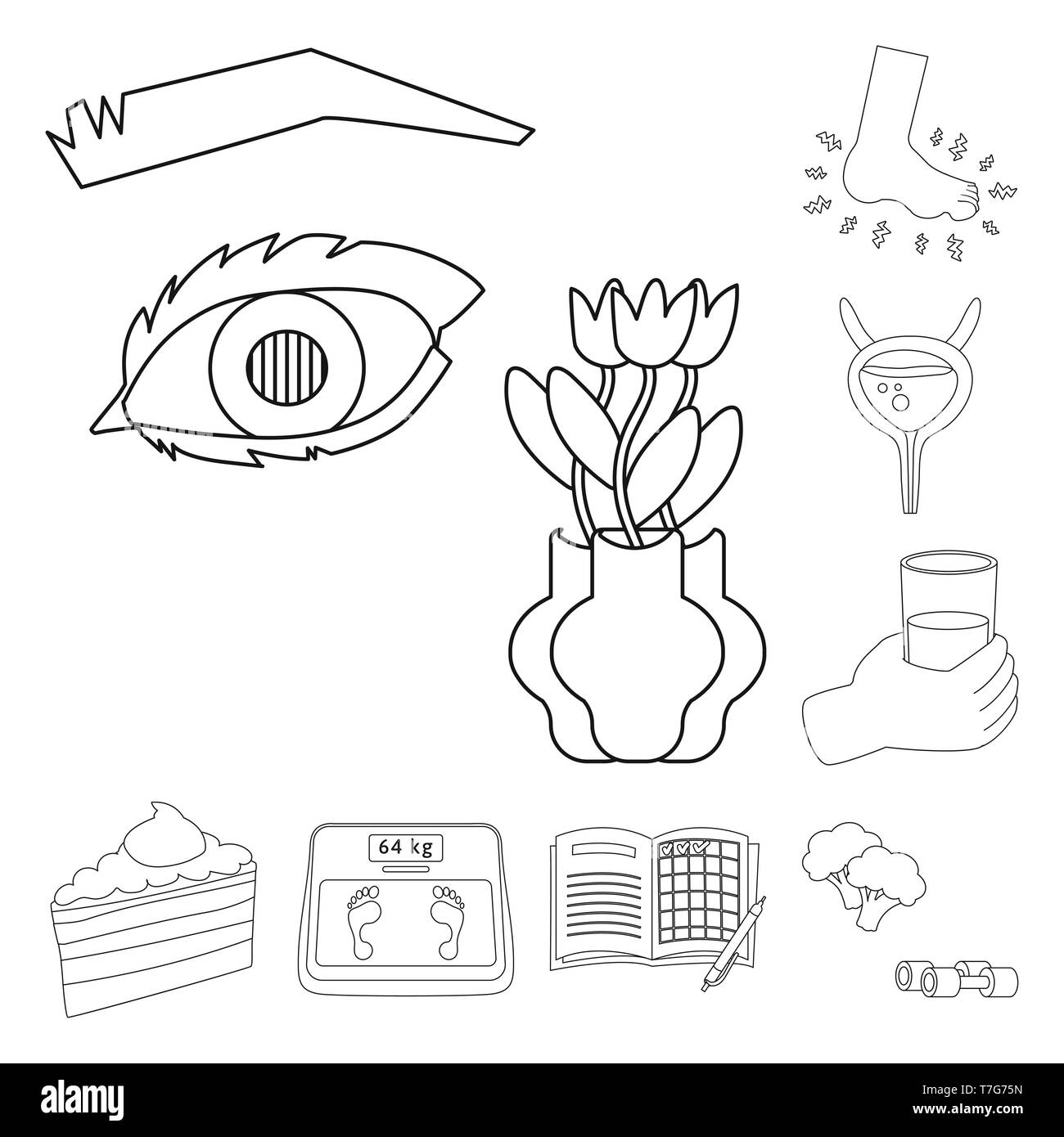 Eye,foot,eau,incontinence,piece,Balance,notepad,brocolis,mauvais,les pieds plats,vessie,verre,pie,ordinateur portable,équilibre,légumes,os,cornée douloureuse,doux,poids,,papier,vitamine,dommage,cheville,patient,minéral,coupe,le diabète sucré,santé,alimentation,symptôme,maladie,traitement,santé,médecine,,set,icône,,illustration,collection,isolé,design,graphisme,élément signe,ligne,plan,vecteurs vecteur , Illustration de Vecteur