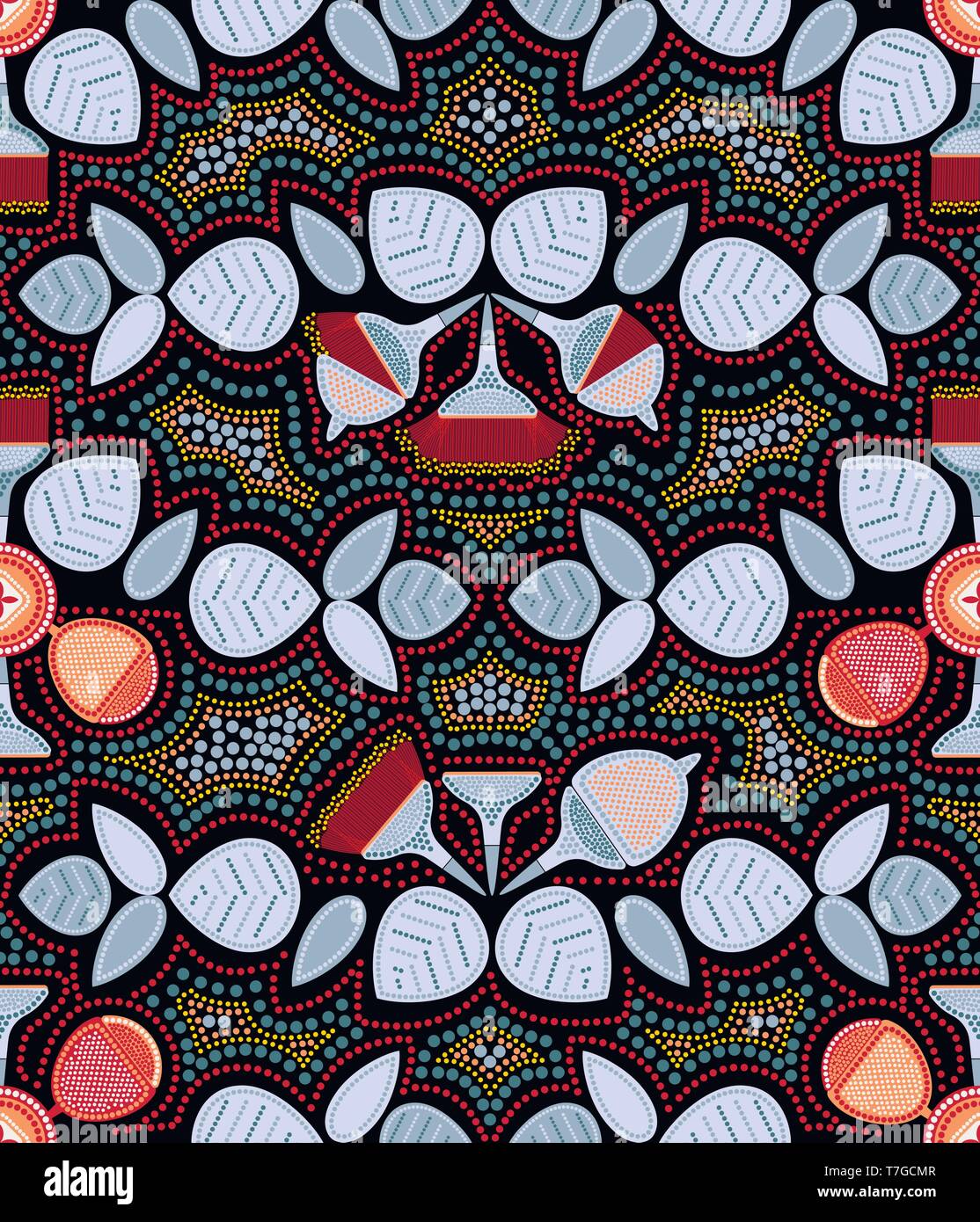 Modèle sans couture d'Eucalyptus. Dessin stylisé d'une plante de l'Australie. L'art aborigène Art Point palette de couleurs limitée Illustration de Vecteur