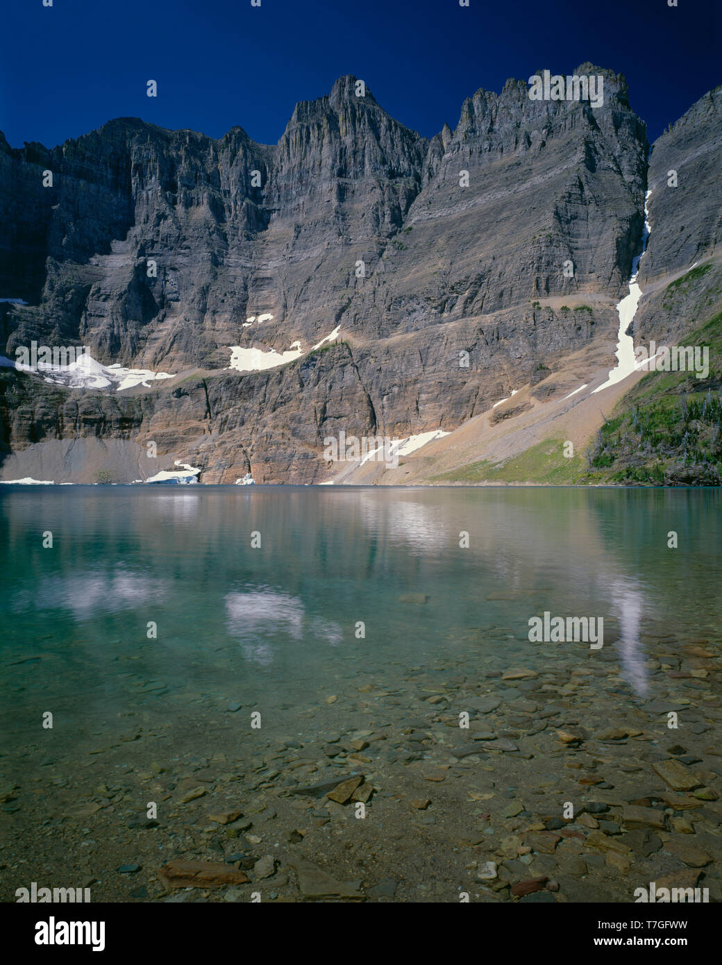 USA, Montana, le Parc National de Glacier, Iceberg Lake et de falaises escarpées du mur de lagopède lieu 2000 pieds au-dessus du lac. Banque D'Images