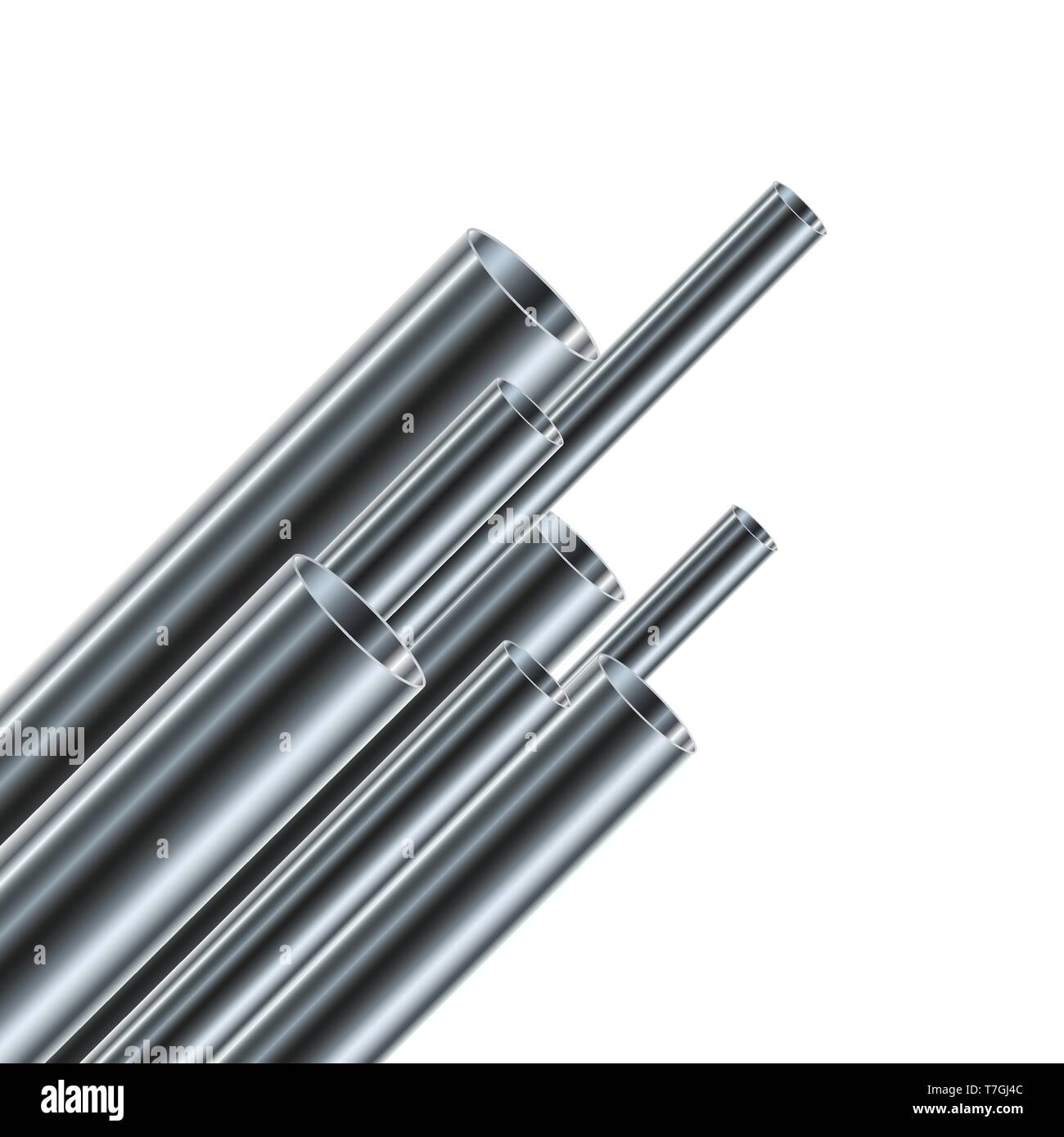 Ensemble de tuyaux en acier ou en aluminium, isolées. Vector illustration. 3d brillant tubes de diamètres différents. Illustration de Vecteur