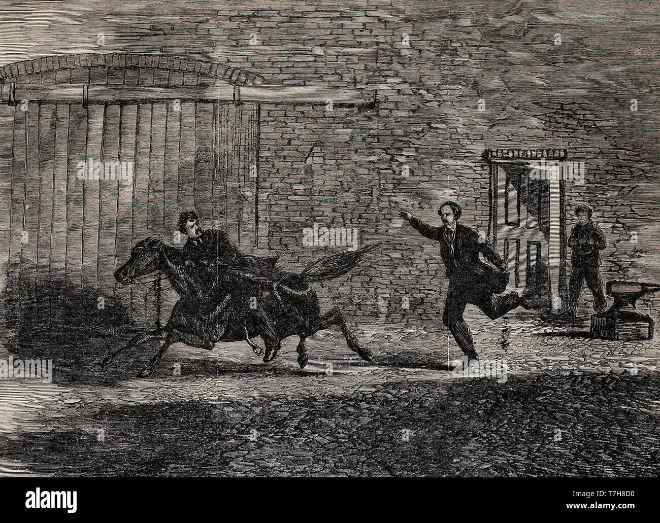 Stand s'échapper à cheval à l'arrière du Ford's Theater après l'assassinat du Président Banque D'Images