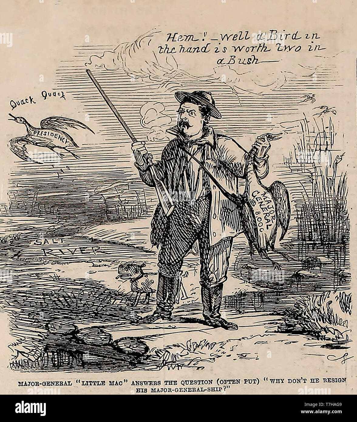 Le Major-général George B. McClellan, Little Mac, répond à la question, souvent posée, 'Pourquoi ne démissionne-t-il son Major-Generalship'. Caricature politique, l'élection présidentielle 1864 Banque D'Images