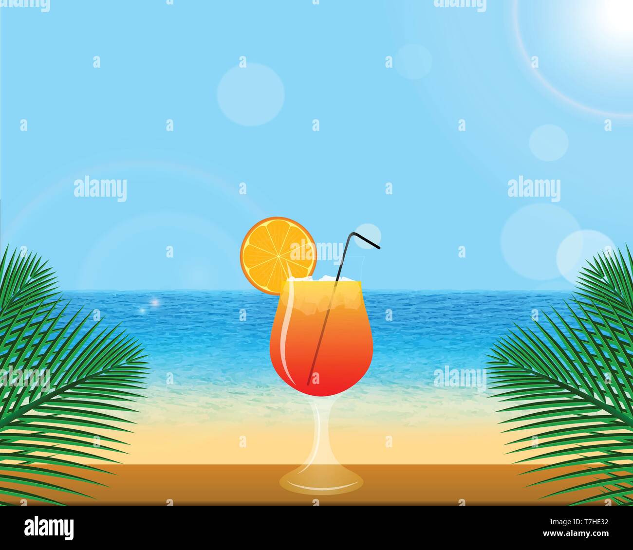 Fond de plage d'été, avec du soleil. Comptoir de bar en bois à cocktail avec palm leafs de décoration. Tranche d'Orange sur le bord du verre. Je paille noire Illustration de Vecteur