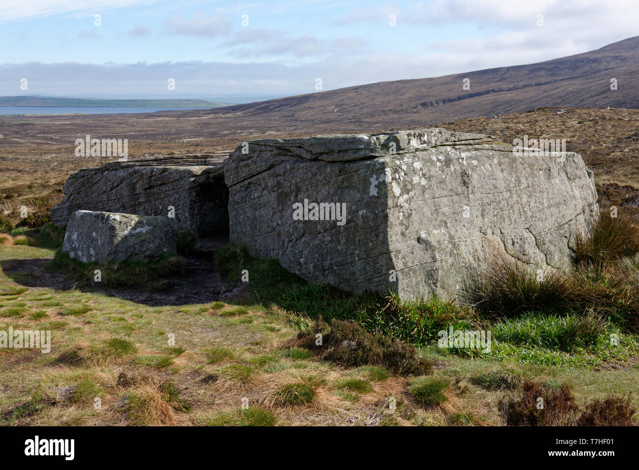 Le Dwarfie Stane est un tombeau mégalithique chambré sur l'île d'Orkney Hoy. On croit être autour de 5000 ans, il a une coupe de main de l'intérieur. Banque D'Images