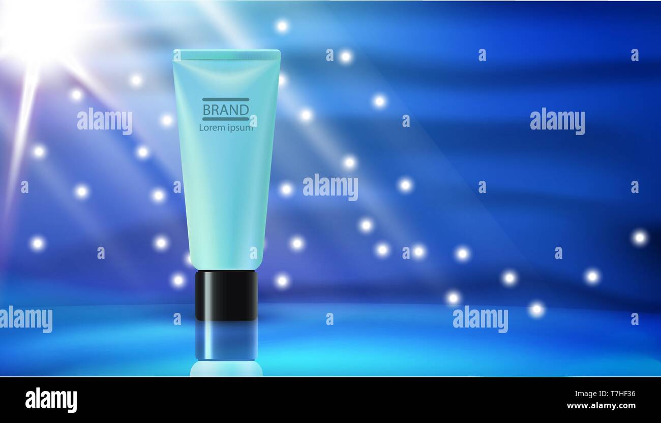 Bleu Crème réalistes 3d tube cosmetic ad poster. Beauté femme maquillage produit concept fond brillant.promotion bannière conception de marque. Maquette de bateau adv Illustration de Vecteur
